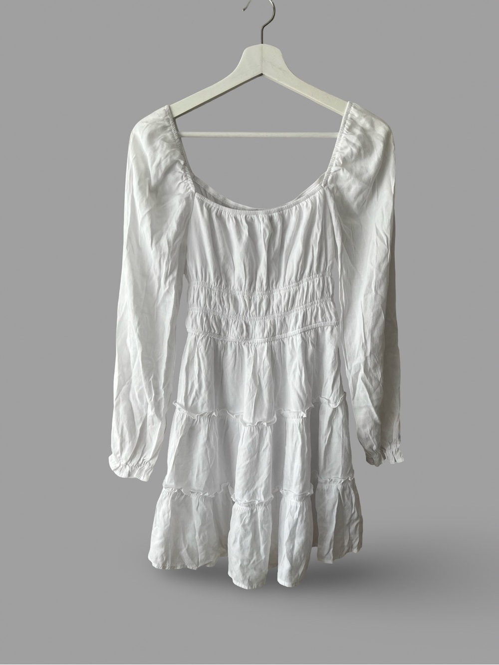 White Long-Sleeve Tiered Peasant Mini Dress